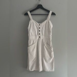 White Cotton Button Front Midi Dress Smocked Back Pockets Size M